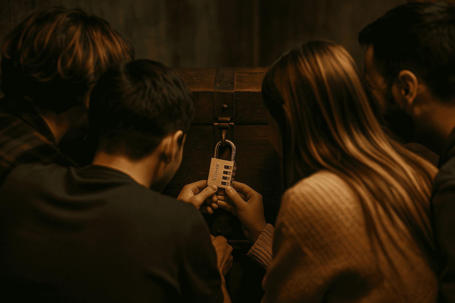 friends try to open padlock